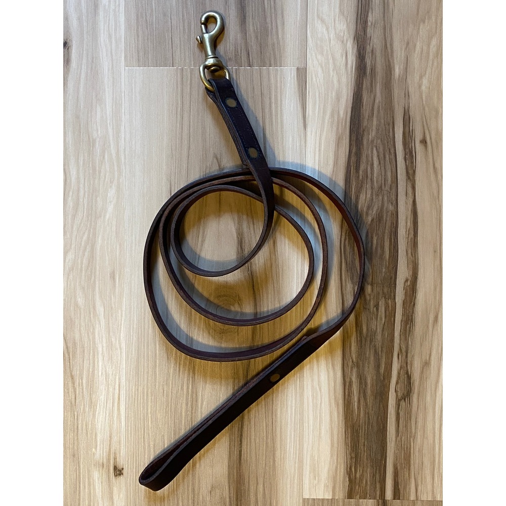 Dark Brown Leather Dog Leash with Brass Swivel Snap Hook 6 Foot Long
